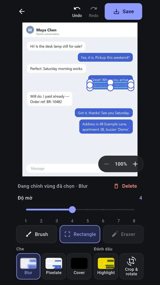 Trình chỉnh sửa BlurReady: khung Blur đang làm mờ một dòng tin nhắn trong đoạn chat mẫu, thanh trượt độ mờ ở dưới
