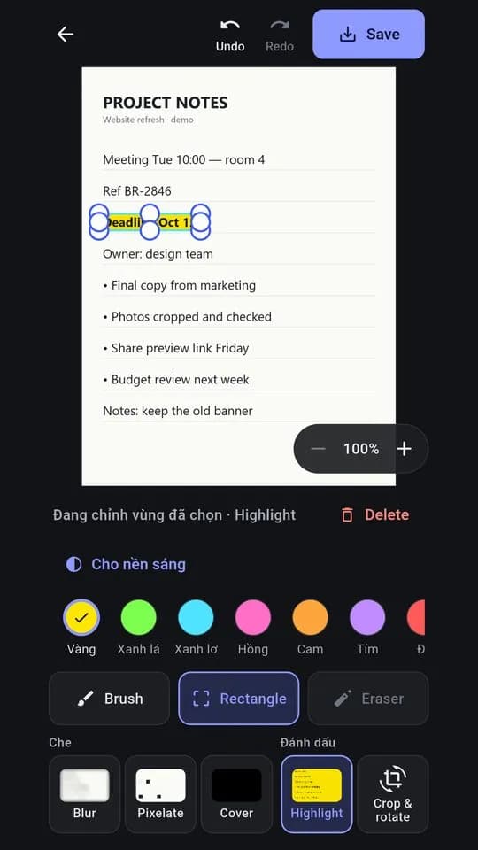 Đánh dấu dòng hạn chót trong ghi chú mẫu bằng khung Highlight màu vàng, chế độ cho nền sáng