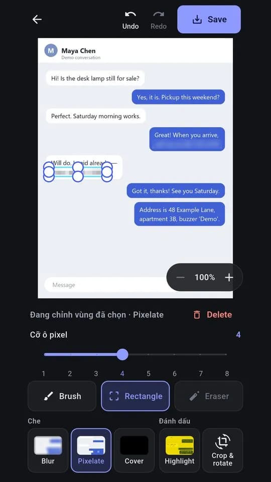 Khung Pixelate đang được chọn với các tay nắm để di chuyển và đổi cỡ, thanh chỉnh cỡ ô vuông