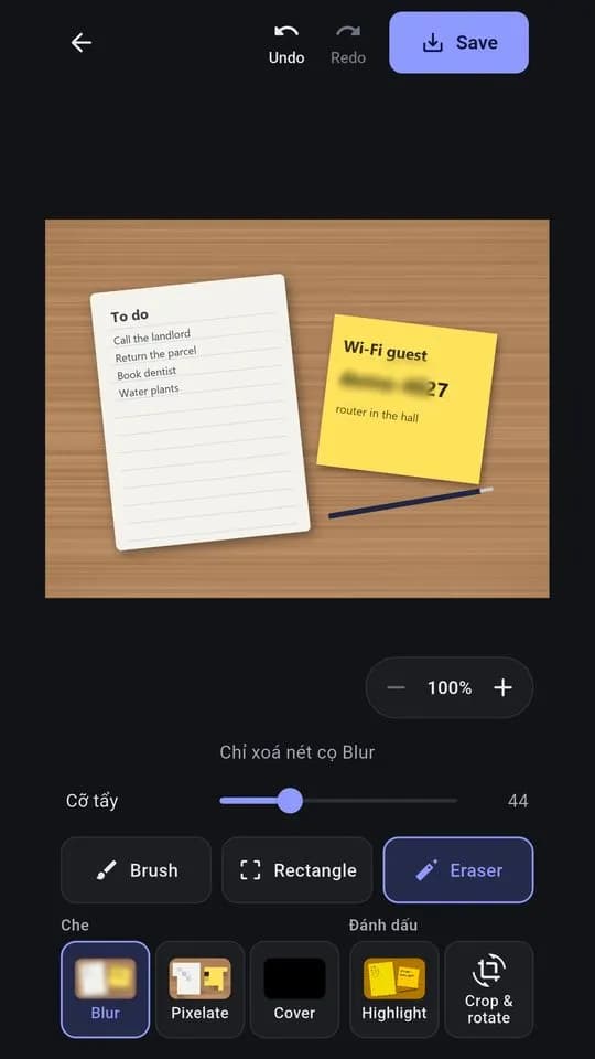 Tô mờ mật khẩu Wi-Fi trên giấy note bằng cọ, công cụ tẩy đang chọn để gọt lại nét cọ
