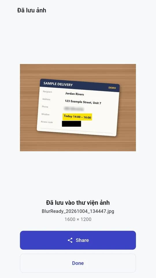 Màn hình Đã lưu ảnh: bản sao mới đã vào thư viện ảnh, nút Chia sẻ và Xong