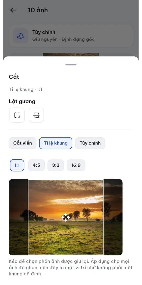 Cắt theo tỉ lệ 1:1, 4:5, 3:2, 16:9, kéo để chọn phần giữ lại; lật gương