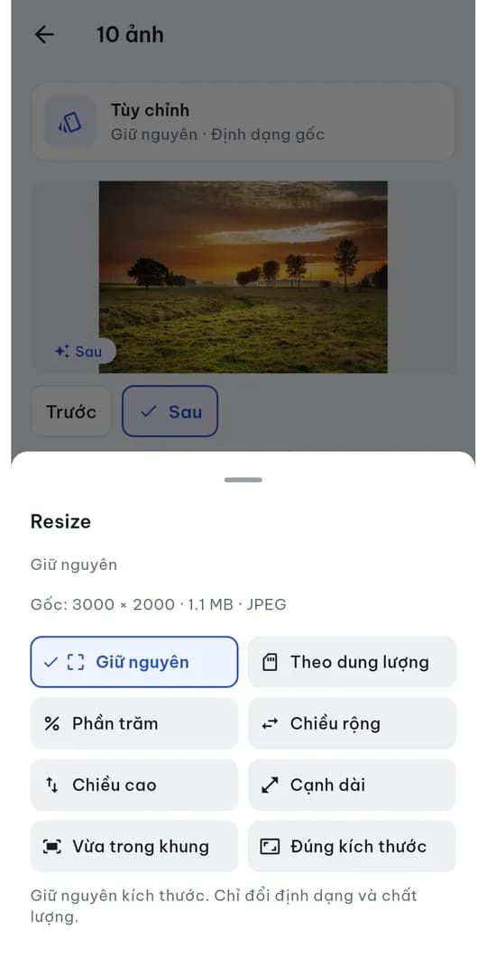 Chế độ kích thước: giữ nguyên, theo dung lượng, phần trăm, chiều rộng, chiều cao, cạnh dài, vừa khung, đúng kích thước