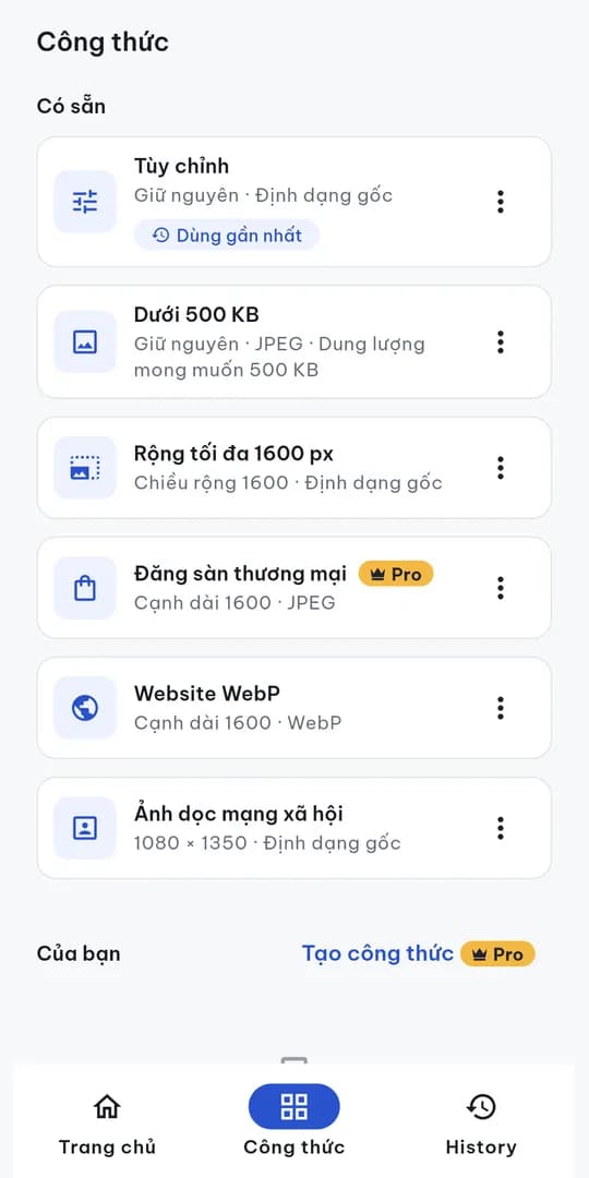 Công thức có sẵn: dưới 500 KB, rộng tối đa 1600 px, sàn thương mại, website WebP, ảnh dọc mạng xã hội