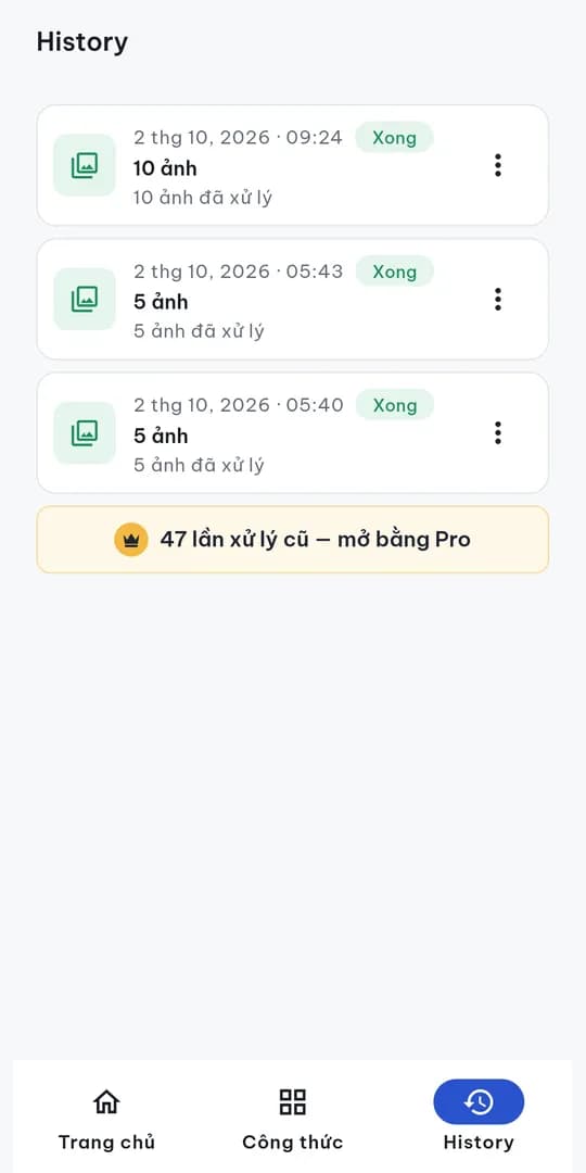 Lịch sử các lần xử lý; bản miễn phí xem 3 lần gần nhất