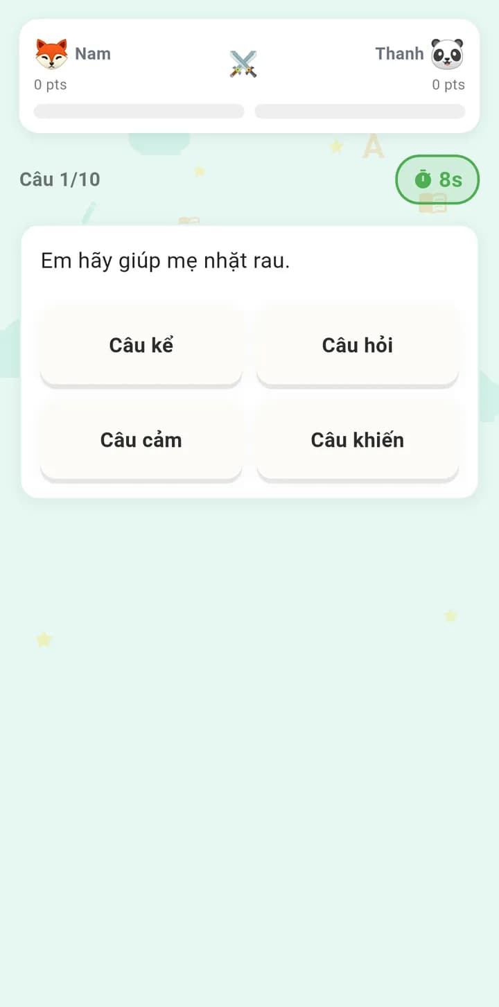 Thi Đấu: câu 1 trên 10, đồng hồ đếm giây, chọn câu kể, câu hỏi, câu cảm hay câu khiến