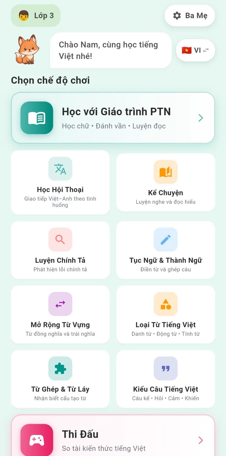 Màn hình chính của app: Học với Giáo trình PTN, Học Hội Thoại, Kể Chuyện, Luyện Chính Tả, Tục Ngữ & Thành Ngữ, Mở Rộng Từ Vựng, Loại Từ, Từ Ghép & Từ Láy, Kiểu Câu và Thi Đấu