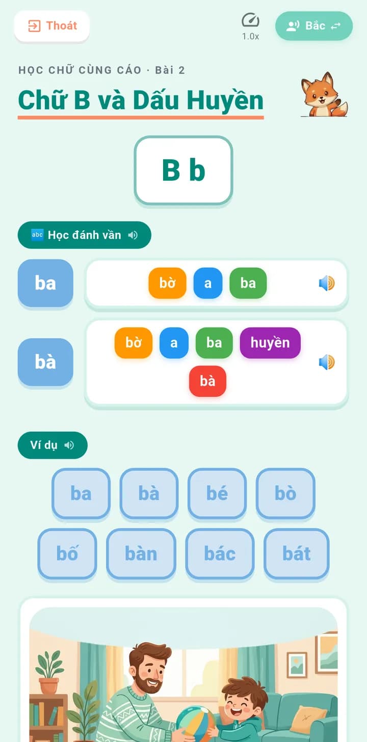 Học Chữ Cùng Cáo: bài Chữ B và Dấu Huyền, đánh vần bờ a ba huyền bà