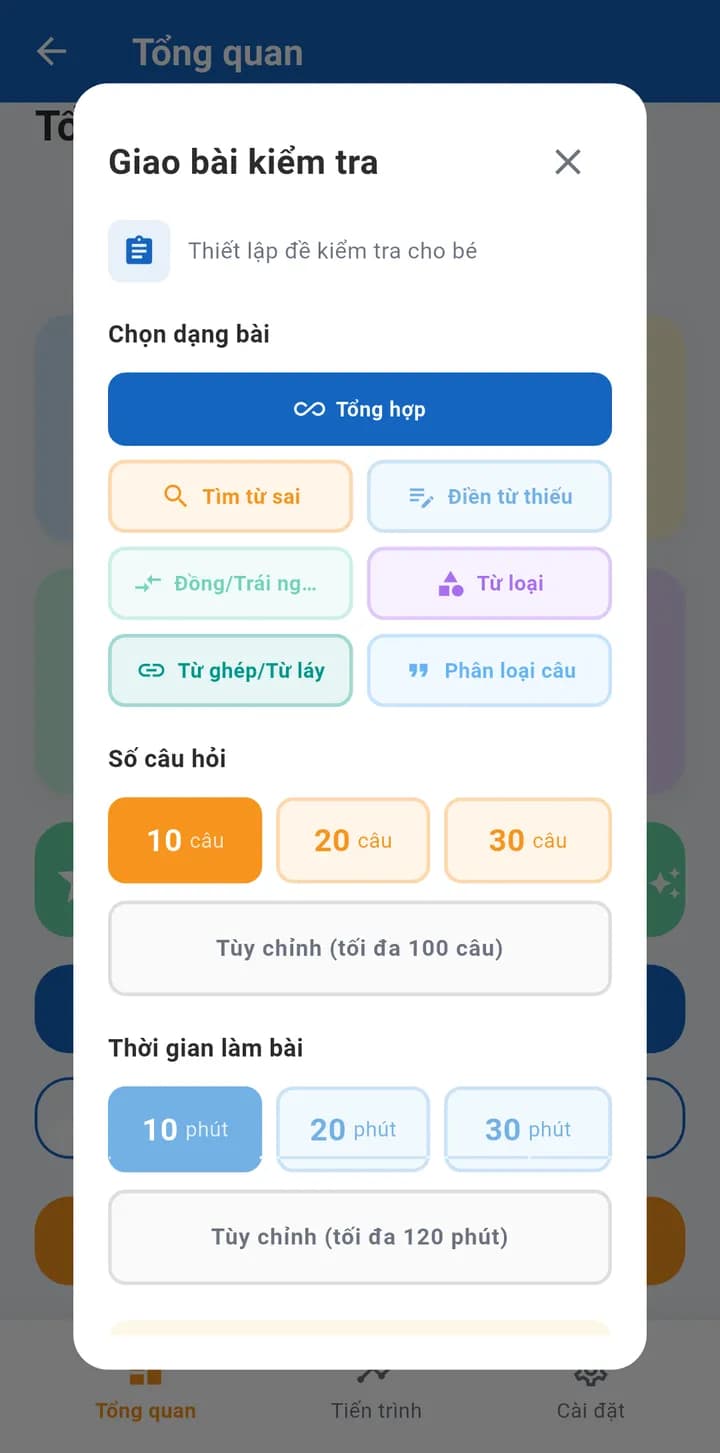 Góc phụ huynh: Giao bài kiểm tra, chọn dạng bài, số câu hỏi và thời gian làm bài