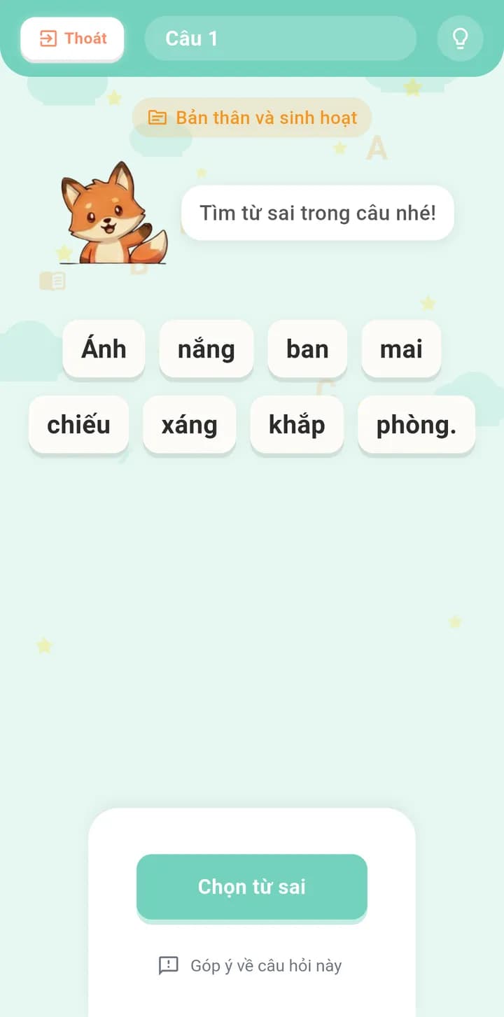 Luyện Chính Tả: Cáo nhắc tìm từ sai trong câu Ánh nắng ban mai chiếu xáng khắp phòng
