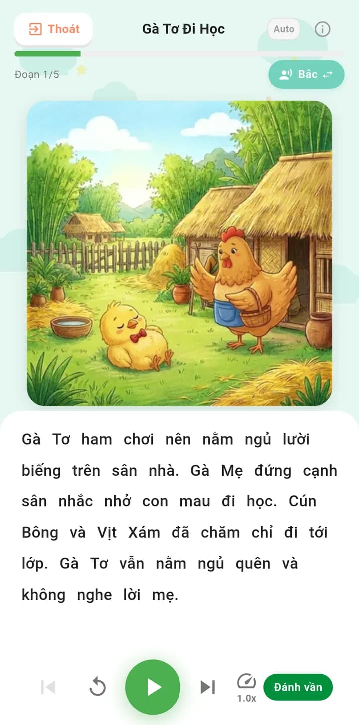 Màn Truyện trong app: truyện Gà Tơ Đi Học, chọn giọng Bắc, nút phát và Đánh vần